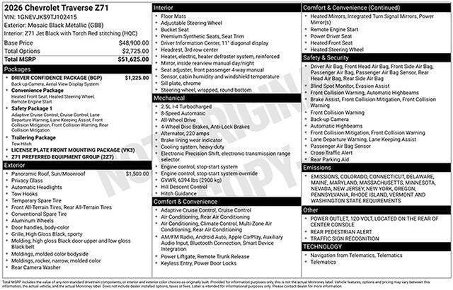 new 2026 Chevrolet Traverse car, priced at $53,520