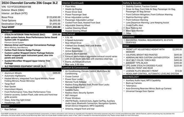 used 2024 Chevrolet Corvette car, priced at $119,272