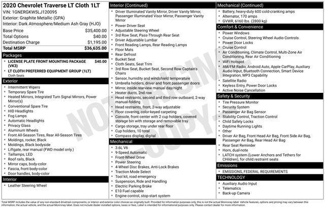 used 2020 Chevrolet Traverse car, priced at $19,200