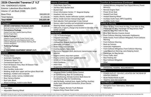 new 2026 Chevrolet Traverse car, priced at $41,783