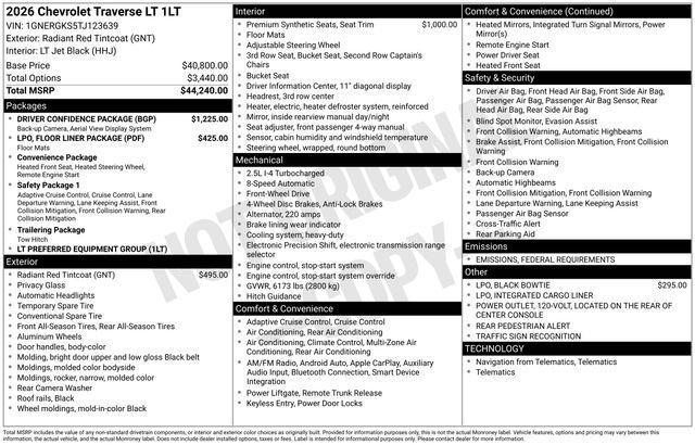 new 2026 Chevrolet Traverse car, priced at $43,829