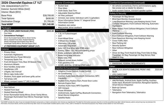 new 2026 Chevrolet Equinox car, priced at $29,773