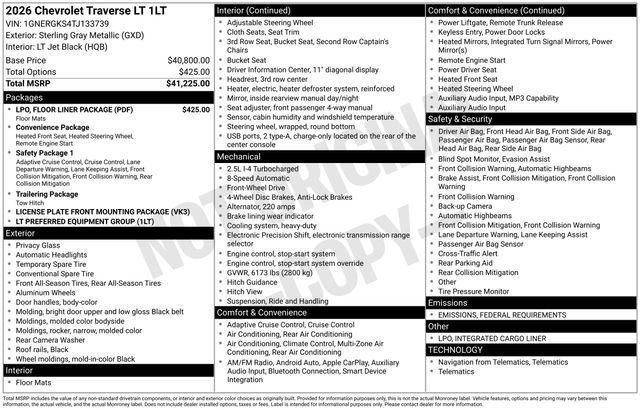 new 2026 Chevrolet Traverse car, priced at $41,504