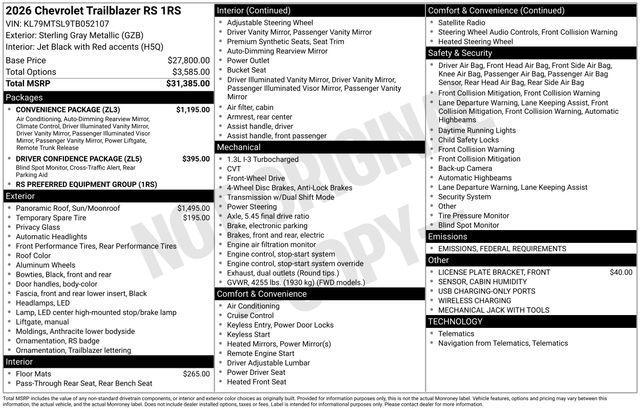 new 2026 Chevrolet TrailBlazer car, priced at $31,938