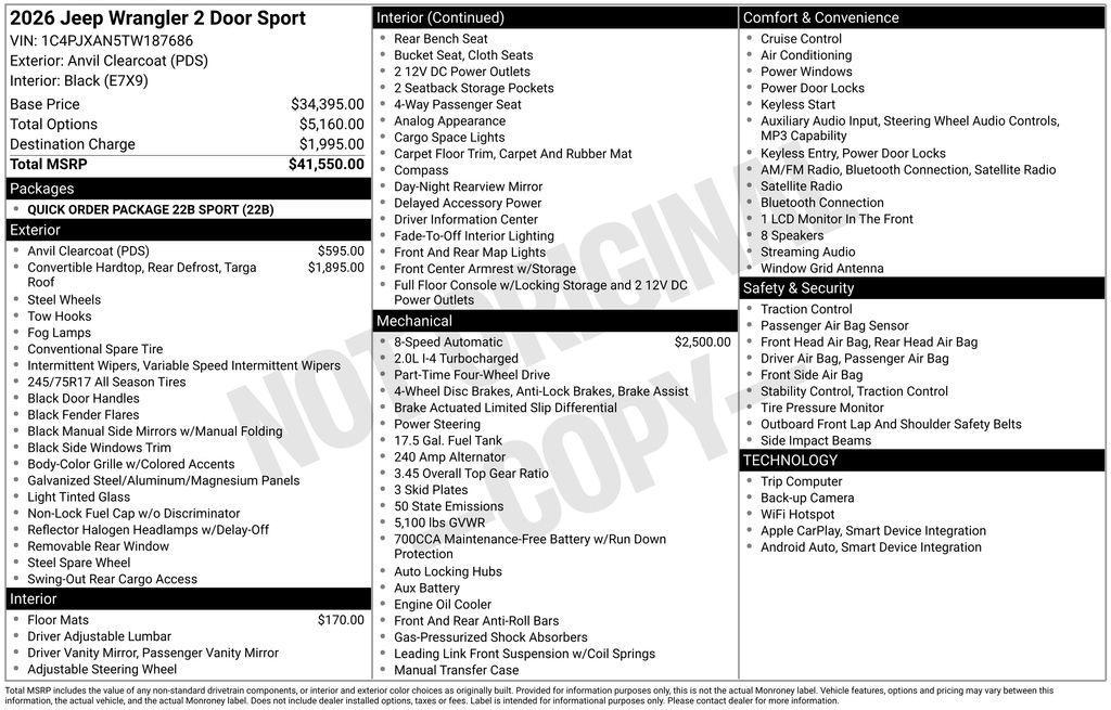 new 2026 Jeep Wrangler car, priced at $40,550