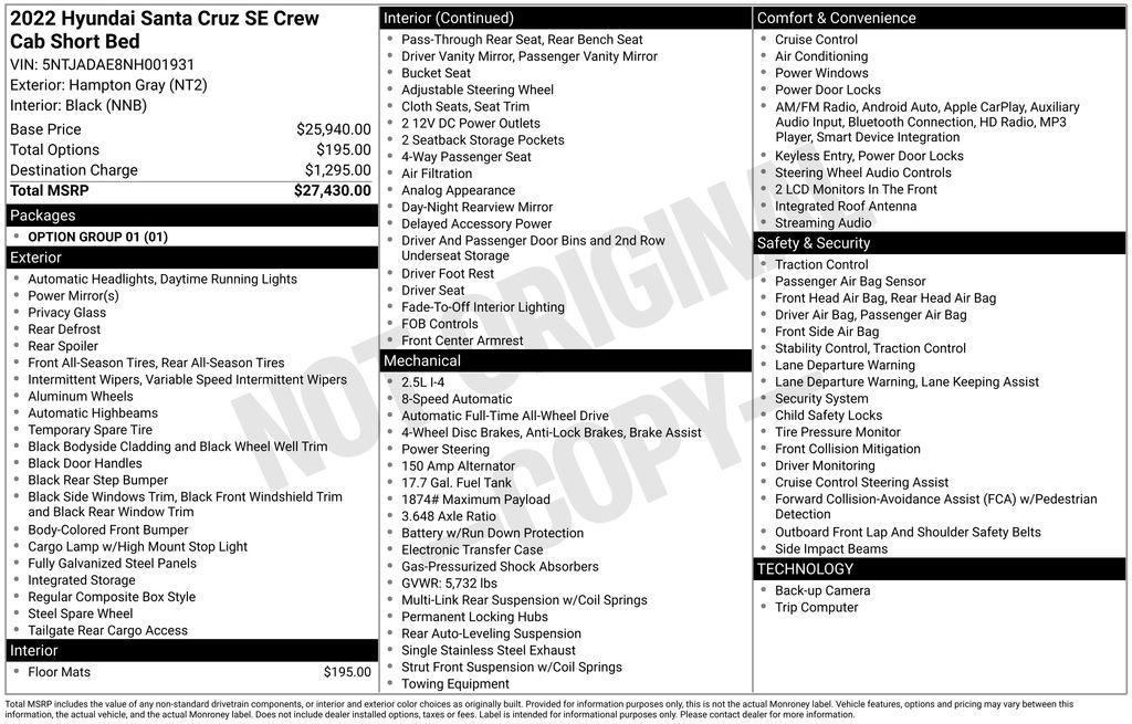 used 2022 Hyundai SANTA CRUZ car, priced at $19,495