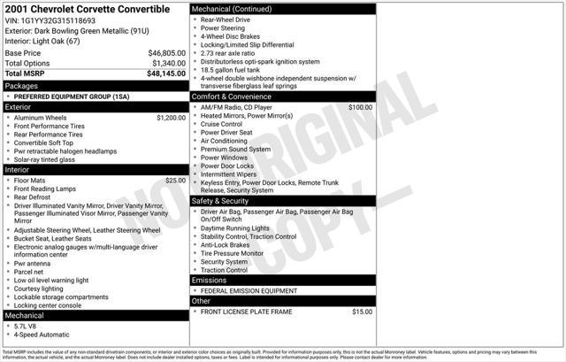 used 2001 Chevrolet Corvette car, priced at $18,995