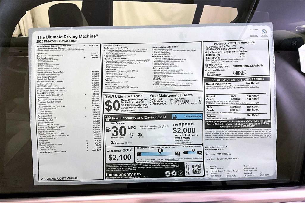 new 2026 BMW 530 car, priced at $66,440