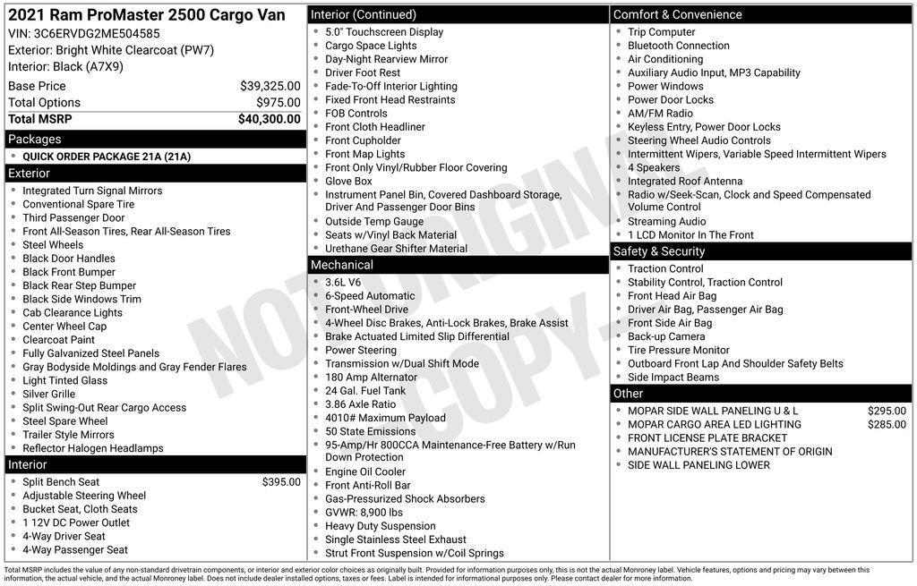 used 2021 Ram ProMaster 2500 car, priced at $19,950