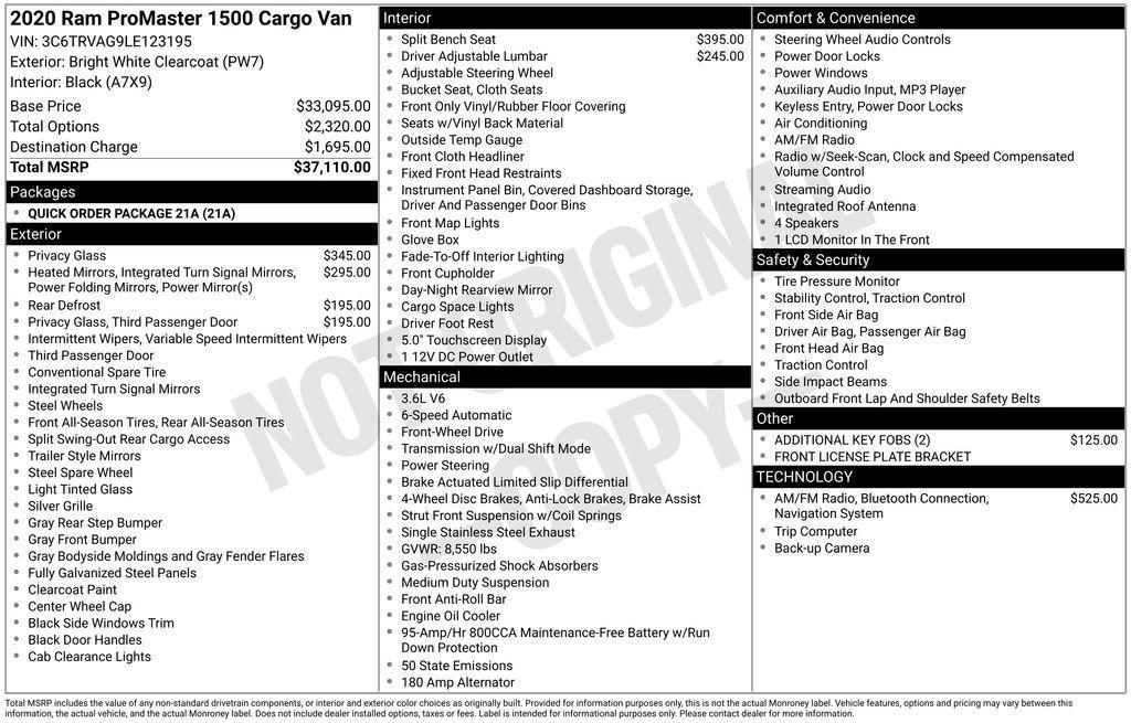 used 2020 Ram ProMaster 1500 car, priced at $13,250