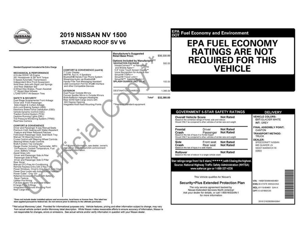 used 2019 Nissan NV Cargo NV1500 car, priced at $14,490