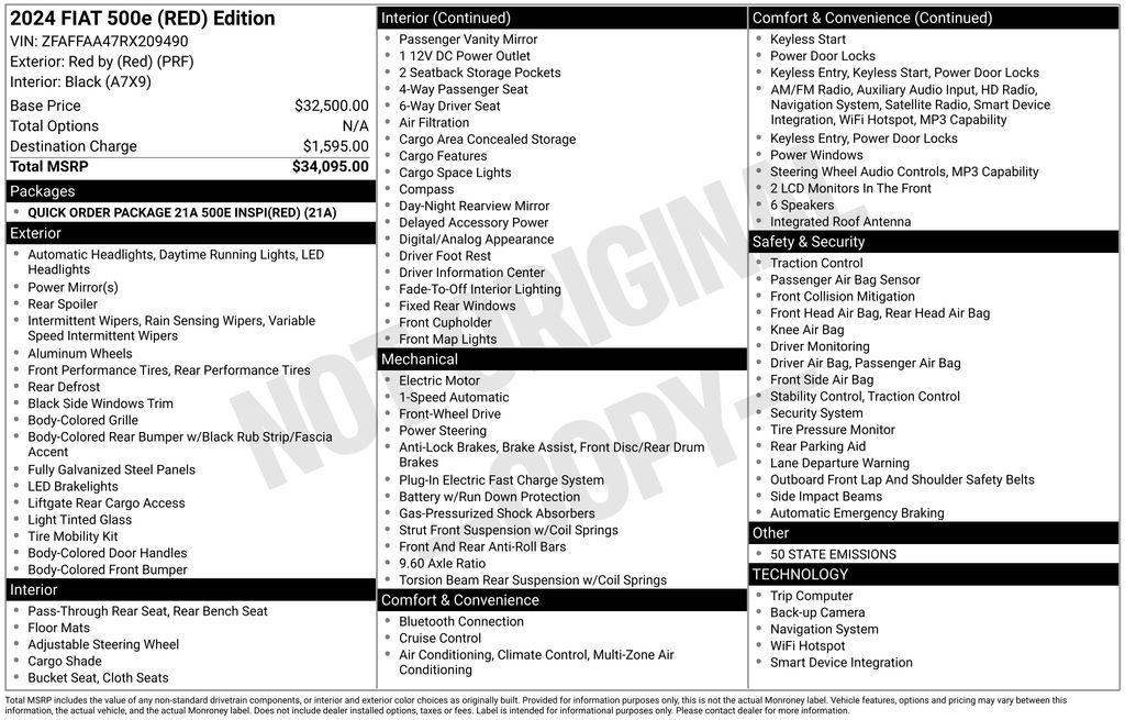 new 2024 FIAT 500e car, priced at $27,595