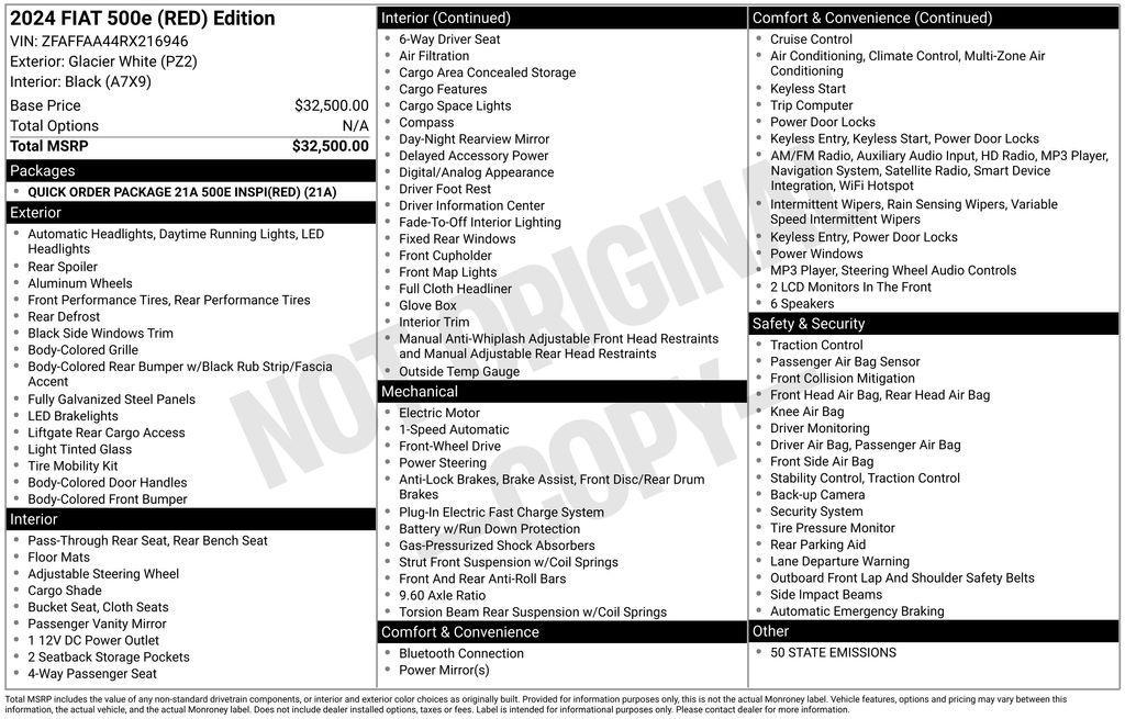 new 2024 FIAT 500e car, priced at $29,095