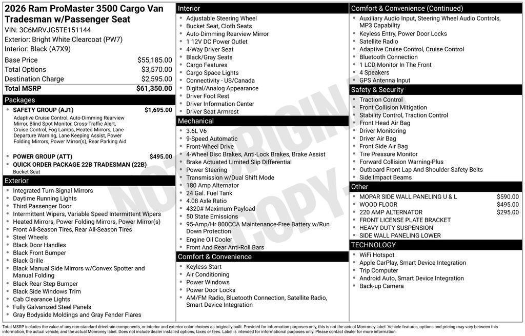 new 2026 Ram ProMaster 3500 car, priced at $56,162