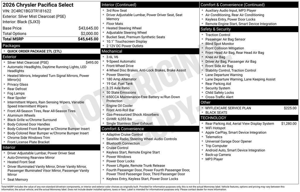 new 2026 Chrysler Pacifica car, priced at $40,626