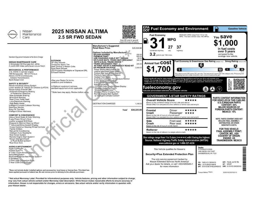new 2025 Nissan Altima car, priced at $32,051