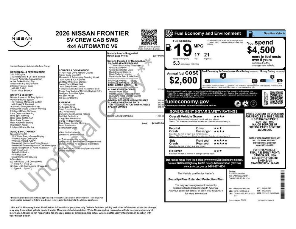 new 2026 Nissan Frontier car, priced at $40,393