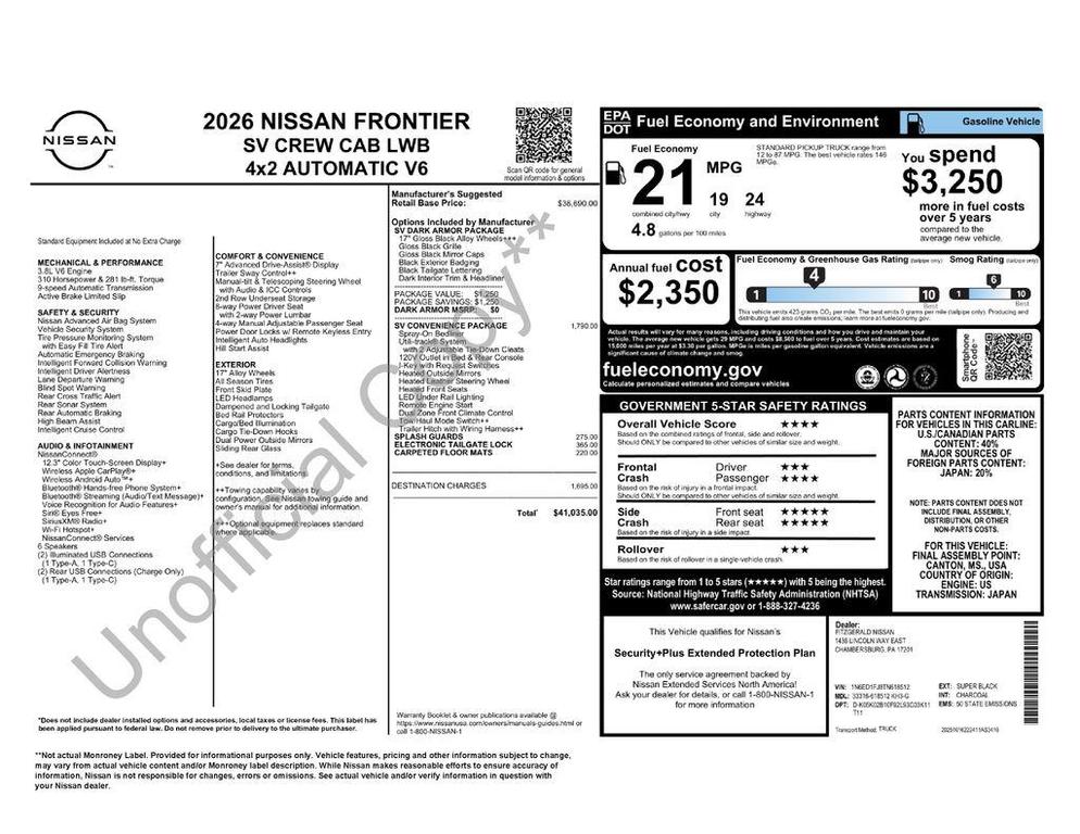 new 2026 Nissan Frontier car, priced at $37,868