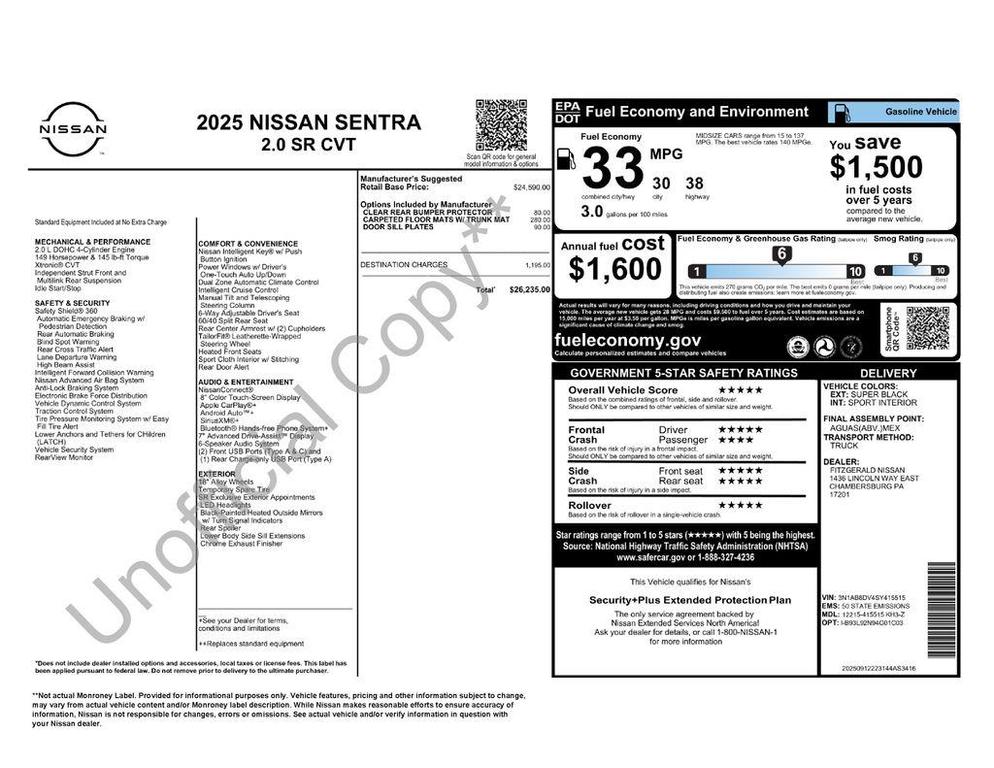 new 2025 Nissan Sentra car, priced at $24,754