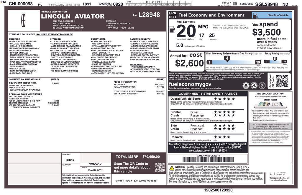 new 2025 Lincoln Aviator car, priced at $67,824