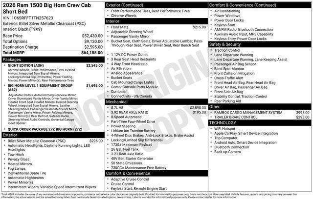 new 2026 Ram 1500 car, priced at $57,155
