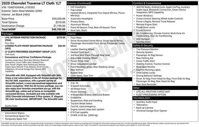 used 2020 Chevrolet Traverse car, priced at $18,997