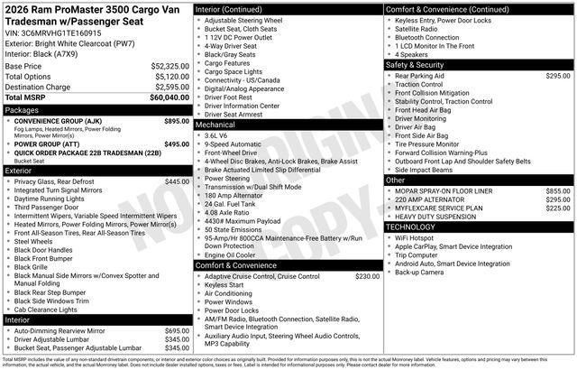 new 2026 Ram ProMaster 3500 car, priced at $54,570