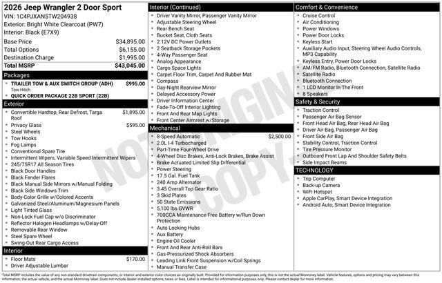 new 2026 Jeep Wrangler car, priced at $42,045
