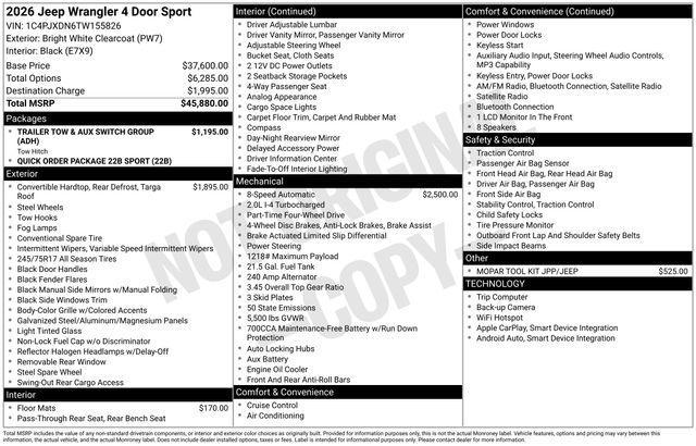 new 2026 Jeep Wrangler car, priced at $37,380