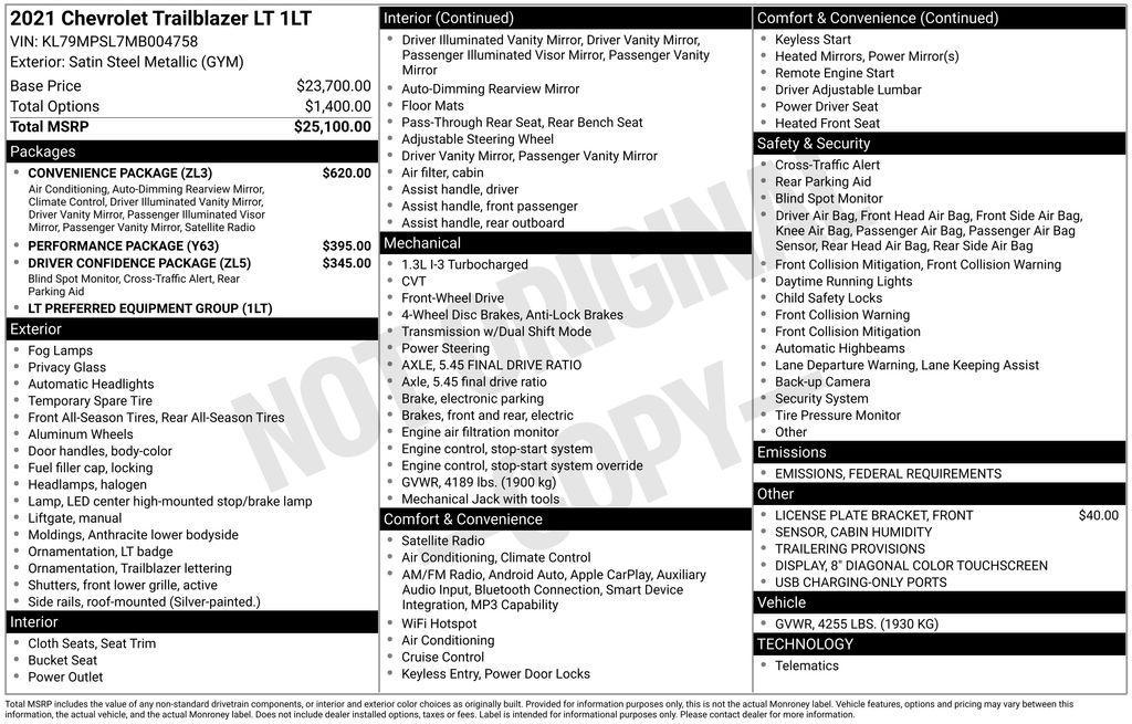 used 2021 Chevrolet TrailBlazer car, priced at $17,300