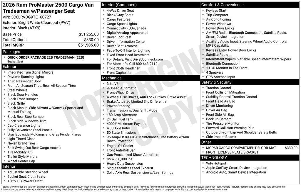 new 2026 Ram ProMaster 2500 car, priced at $49,654