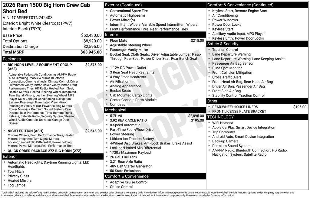new 2026 Ram 1500 car, priced at $53,464
