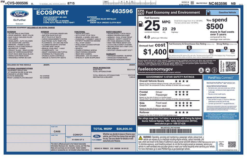 used 2022 Ford EcoSport car, priced at $19,000