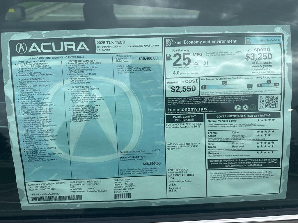 new 2025 Acura TLX car, priced at $44,416