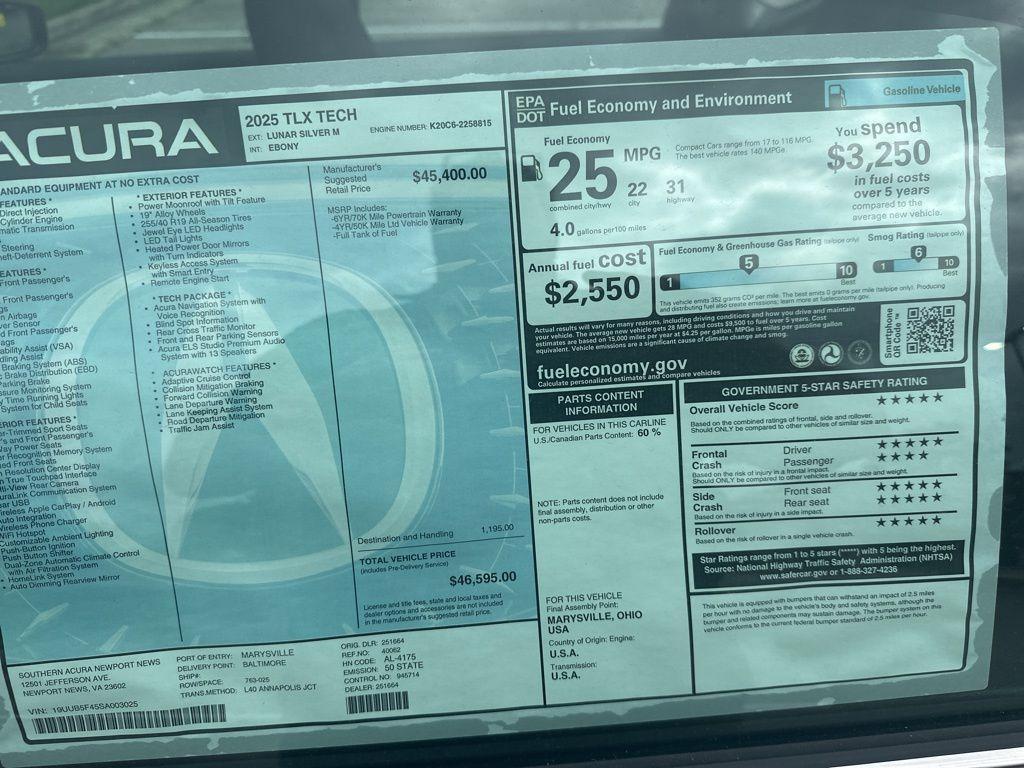 new 2025 Acura TLX car, priced at $44,416