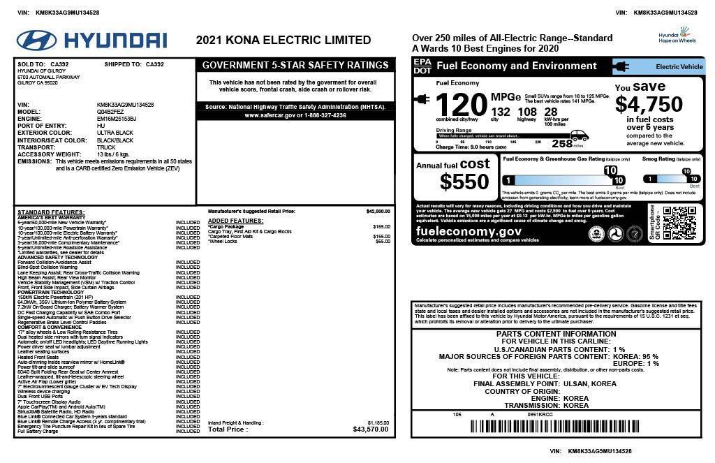 used 2021 Hyundai Kona EV car, priced at $15,673