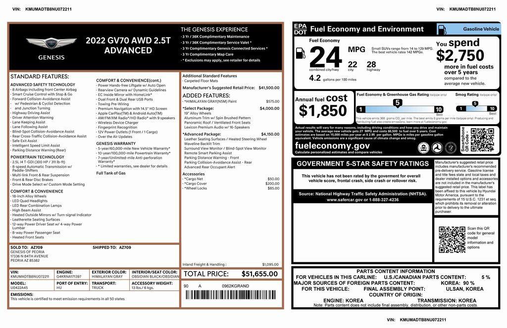 used 2022 Genesis GV70 car, priced at $36,973