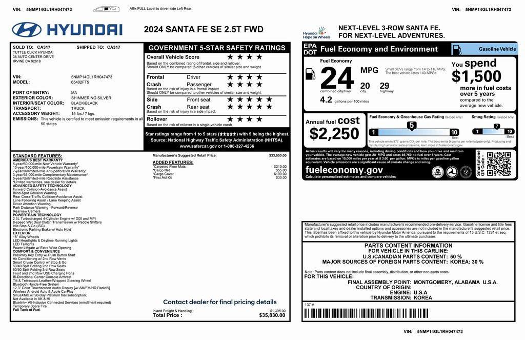 used 2024 Hyundai Santa Fe car, priced at $24,575