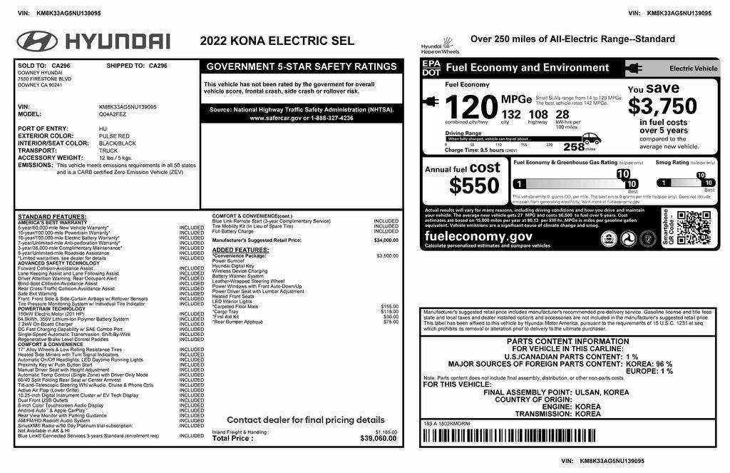 used 2022 Hyundai Kona EV car, priced at $16,673