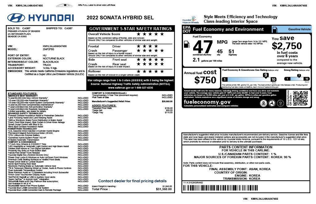 used 2022 Hyundai Sonata Hybrid car, priced at $18,675
