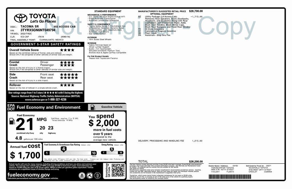 used 2022 Toyota Tacoma car, priced at $23,573