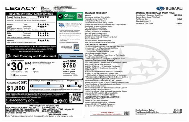used 2024 Subaru Legacy car, priced at $26,973