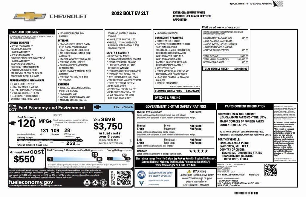 used 2022 Chevrolet Bolt EV car, priced at $17,573