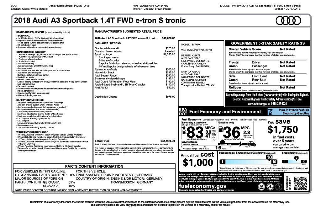 used 2018 Audi A3 e-tron car, priced at $15,373