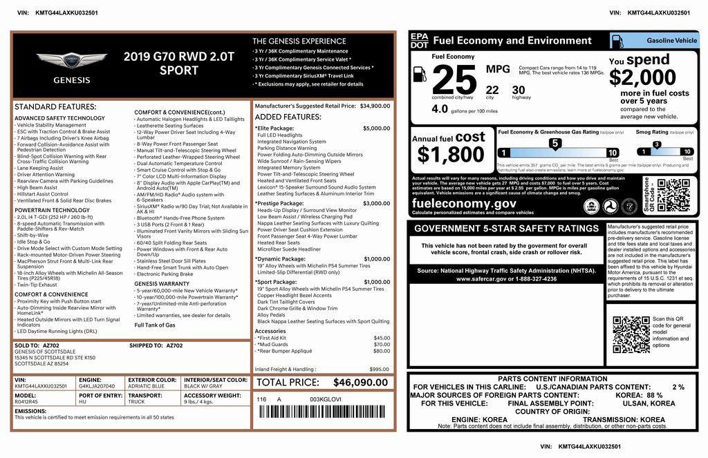 used 2019 Genesis G70 car, priced at $23,973