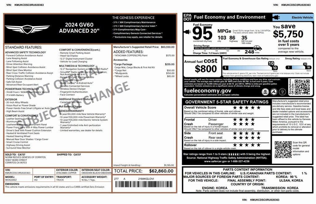 used 2024 Genesis GV60 car, priced at $34,275