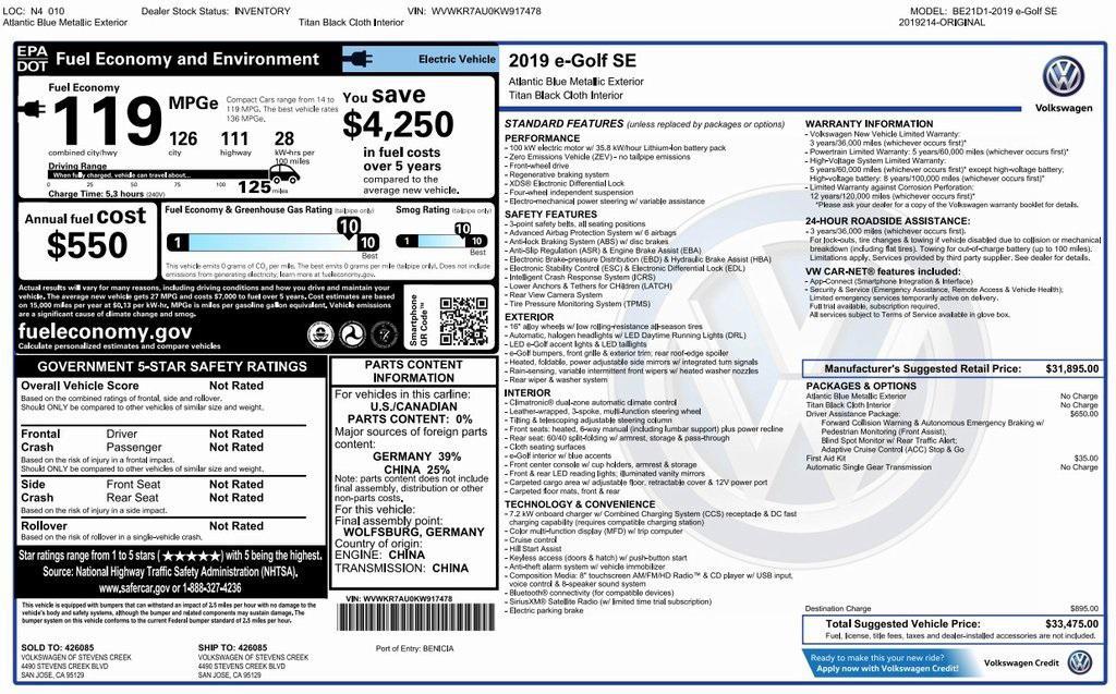 used 2019 Volkswagen e-Golf car, priced at $17,973
