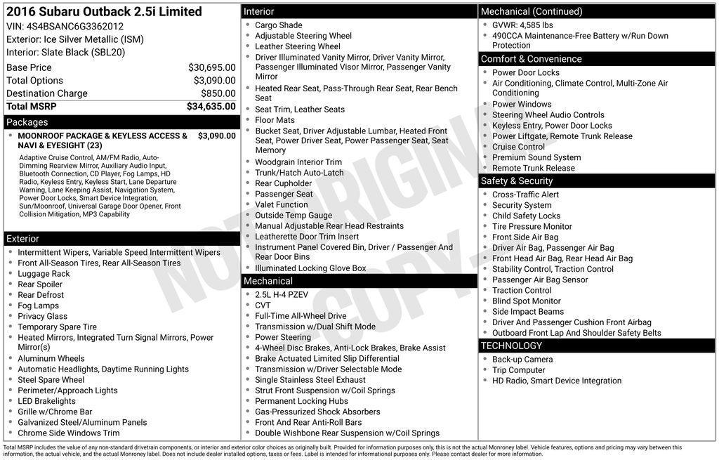 used 2016 Subaru Outback car, priced at $15,999