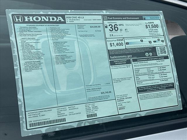new 2026 Honda Civic car, priced at $25,745