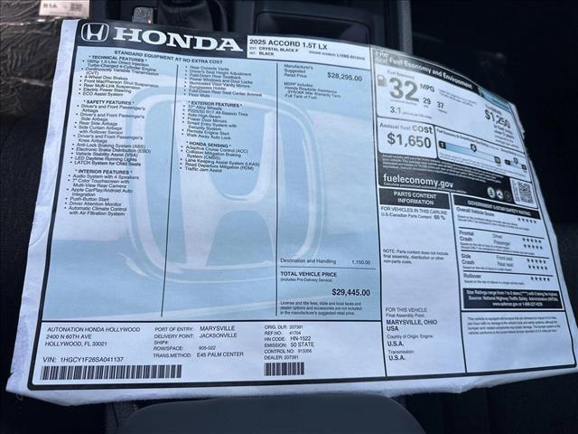 new 2025 Honda Accord car, priced at $29,445